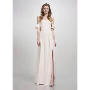 Theia Bridesmaid Brooklyn Gown Size 10 Empire Waist Flutter Sleeve Front Slit